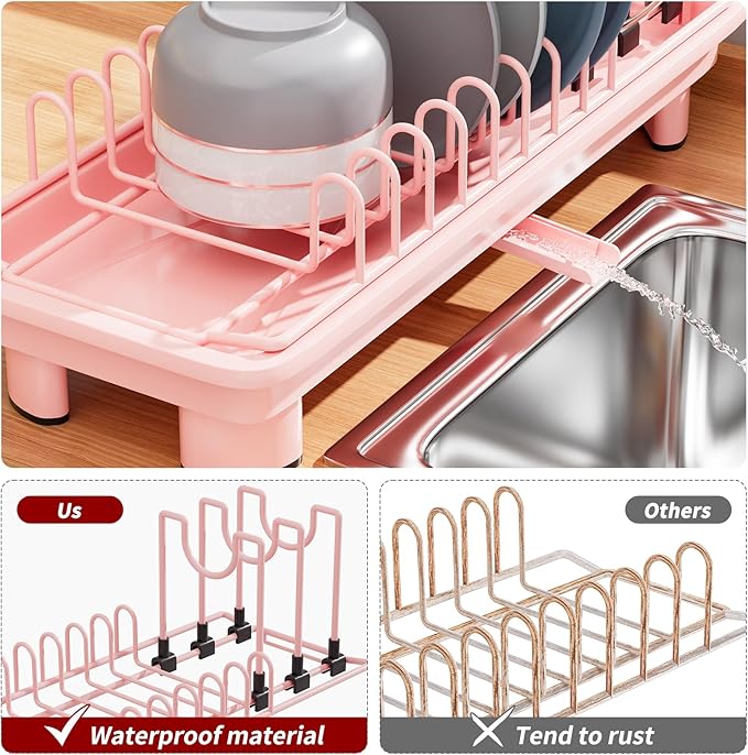 Small Dish Drying Rack with Removable Utensil Holder & Anti-Scratch Base - Stainless Steel Dish Rack, Dish Drying Rack with Drainage & Space Saving Design for Kitchen Counter, Pink