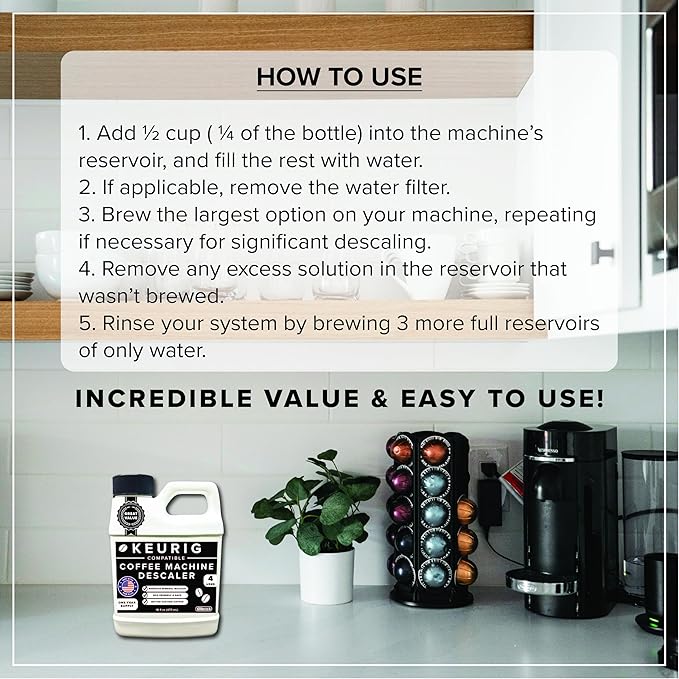 Tillbrook Coffee Machine Descaler - 1 YEAR SUPPLY Concentrated Descaler for Keurig - 16oz Coffee Maker Cleaner for Breville, Nespresso, Delonghi, Espresso Machine - 4 Uses - Safe, Natural, Effective