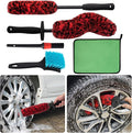 KLeXiC 5 Pack Car Wheel and Tire Cleaner Brushes Kit Auto Motorcycle Rim Ultra Soft Microfiber No Spatter Bendable Woolies Bristle Cleaning Set (Red & Black)