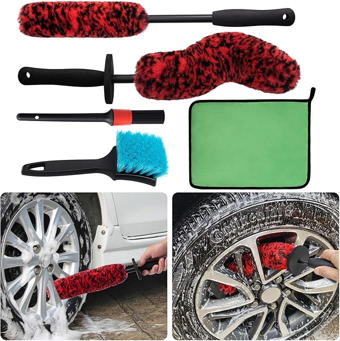 KLeXiC 5 Pack Car Wheel and Tire Cleaner Brushes Kit Auto Motorcycle Rim Ultra Soft Microfiber No Spatter Bendable Woolies Bristle Cleaning Set (Red & Black)