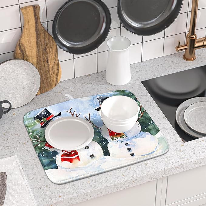ABSOP Winter Dish Drying Mat 16 x 18 Inch Xmas Snowman Pattern Dish Drying Pad Absorbent Microfiber Mats for Christmas Dish Rack Pad for Kitchen Counter Coffee Bar Decor