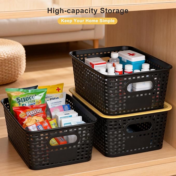 AREYZIN Small Plastic Storage Bins with Lids, 6-Pack Stackable Pantry Organizers and Storage Containers for Shelves, Closet Organization, Drawer Organizer Bins, Black & yellow lids