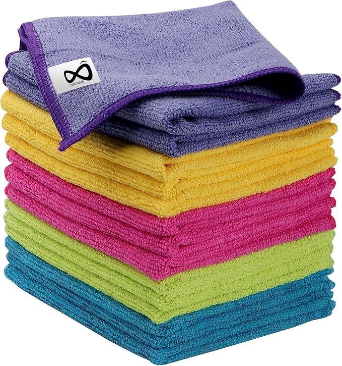 INFICRIME Microfiber Cleaning Cloths, 15 Pack Cleaning Rags, Wet and Dry Use Cleaning Towels, Highly Absorbent and Soft Feel, Lint Free, Streak Free, 11.5"X11.5"(Red/Yellow/Green/Blue/Purple)