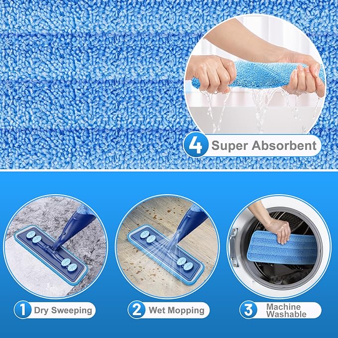 IOPRETTY Microfiber Hardwood Floor Mop - Wet Dry Spray Mop with 4 Washable Pads for Tile Wood Laminate Vinyl Marble Home Kitchen - 500+ ML Refillable Bottle Dark Blue