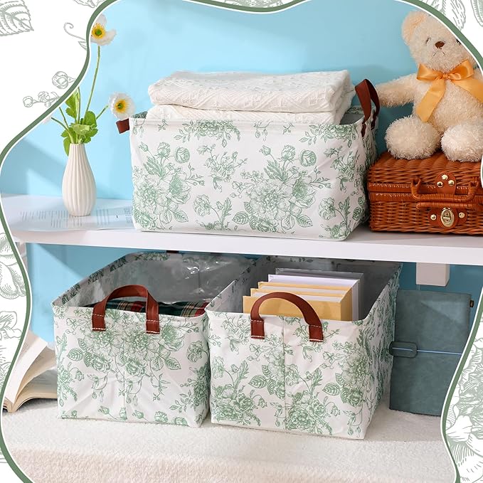 Boao 3 Pcs Sage Green Floral Storage Bin Collapsible Large Storage Baskets for Gifts Canvas Laundry Basket Foldable Box with Handle for Office Home Bedroom Clothes