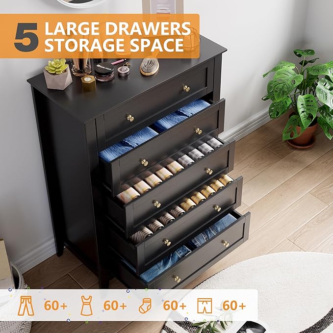 Modern 5 Drawers Dresser for Bedroom, Tall Wood Chest of Drawers for Clothes, Big Storage Dressers Organizer with Gold Handles & Deep Drawers, Living Room, Closet, Hallway, Black