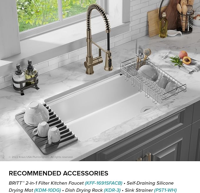 KRAUS Turino 33-inch Fireclay Workstation Drop-In/Undermount Single Bowl Kitchen Sink in Gloss White, KFDW1-33GWH