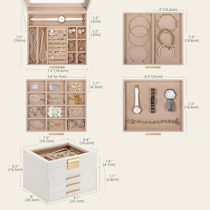 Jewelry Box Organizer for Women,4 Layers Jewelry Storage Display Box with Glass Lid,Gift for Christmas,3 Drawers,Large Capacity for Necklace Earrings Bracelets Rings,White
