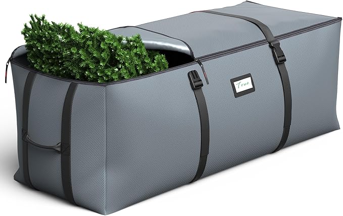 Christmas Tree Storage Bag, Fits Up to 9 Ft Artificial Christmas Tree with Buckle Straps & Dual Zippers & Handles, 600D PVC Durable Waterproof Material Protects from Dust (Grey)