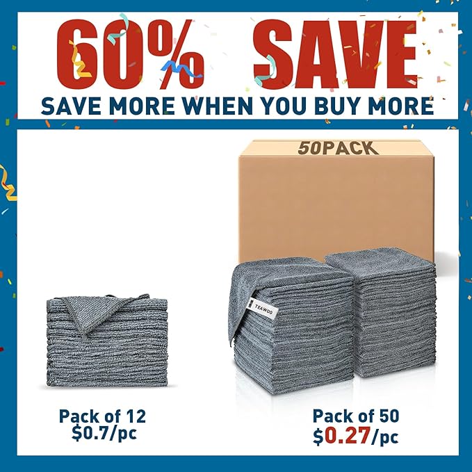 TEAWOO Gray Microfiber Cleaning Cloths Bulk Pack-50 Pack, Microfiber Towels Bulk, Towels for Cars, Cleaning Rags Gray (12x12 inches)