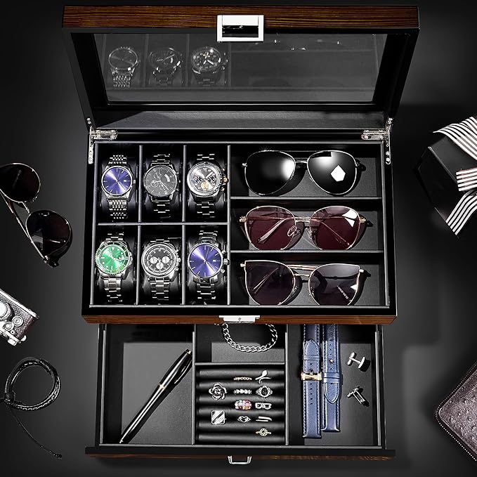 BEWISHOME Men’s Jewelry Box Organizer with Watch Box, 6-Slot Watch Box & Sunglasses Organizer with Drawer, PU Leather Interior, Solid Wooden Watch Case Display with Large Clear Glass Lid, Gift Idea