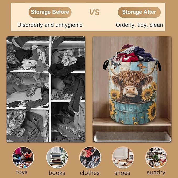 Large Laundry Basket,Highland Cow Collapsible Laundry Baskets,Sunflower Butterfly Waterproof Oxford Hamper with Handles for Bathroom Bedroom Nursery Home Storage 16"x20"
