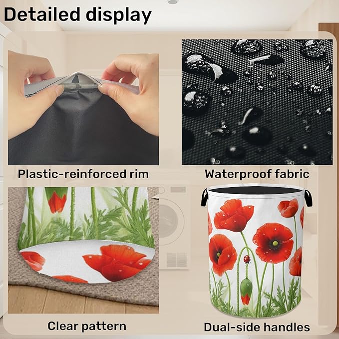 Red Flower Laundry Basket - Heavy Duty 60L Dirty Clothes Organizer, Water Resistant Foldable Hamper for Men Women