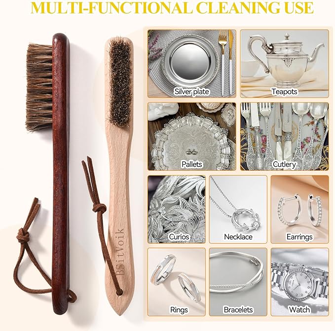 Horsehair Silver Brush Jewelry Cleaning Cloth Set - Detailing Brush for Silverware - Silver Polishing Cloth for Sterling, Cutlery, Metal - Perfect Match for Silver Polish