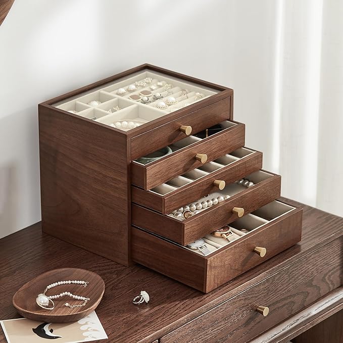 Homruilink Black Walnut Wooden Jewelry Box Women large 5 Layer Drawer Wood Organizer Box with Glass Lid for Necklaces, Watch, Necklace, Ring, Earring Storage - Valentine's Day Gifts