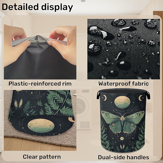 Gothic Moon Moth Foldable Laundry Hamper - Waterproof Fabric Storage Basket with Handles, Clothes Hampers for Laundry,Bedroom,Dorm
