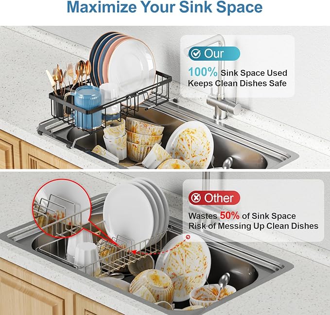 iSPECLE Small Sink Dish Drying Rack, Expandable Narrow Rust Resistant Dish Drainer for RV Apartment Kitchen, Dish Rack with Tightening Knob, Arms with Non Slip Rubber, 8.3" W x 16.6"-24" L, Black