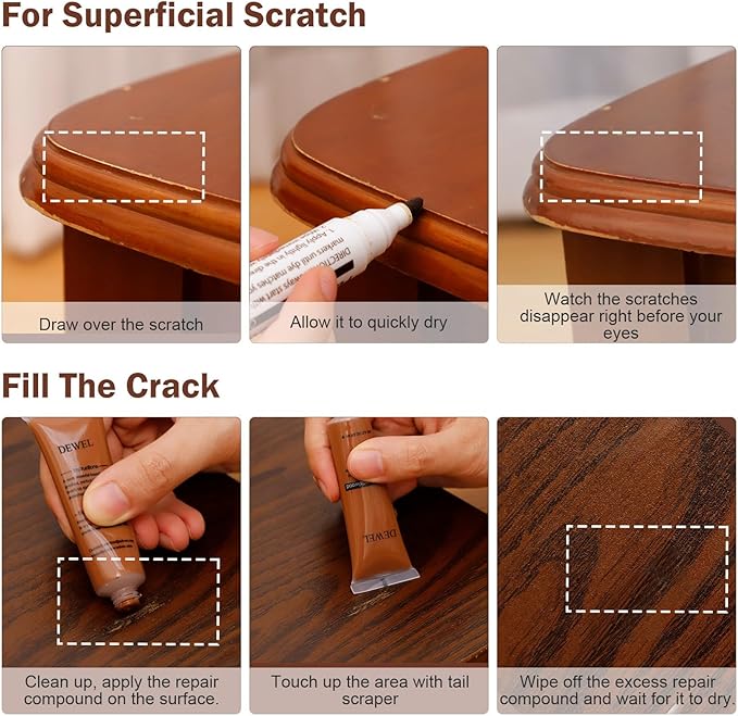 DEWEL Wood Repair Kit 12-Color Repair Paste with Touch-Up Pen & 8-Color Wax Sticks for Floors & Furniture-Fix Scratches, Screw Holes, Peeling Paint, Hide Flaws, Water-Based Repair Pen & Crayon Set