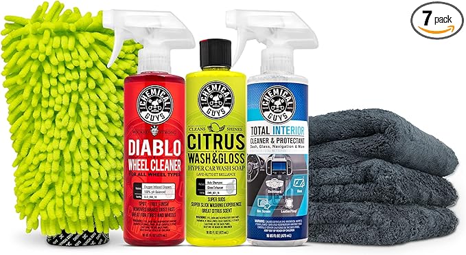 Chemical Guys Car Cleaning Kit - With Car Wash Soap, Wheel Cleaner, Total Interior, Car Wash Mitt - Interior and Exterior Wash Kit With Vehicle Cleaning and Detailing Accessories - 7 Item Kit
