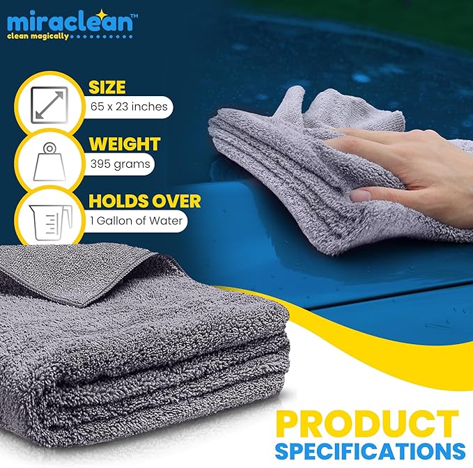 MIRACLEAN Car Drying Towels Extra Large Super Absorbent 65 x 23 Inch Microfiber Car Drying Towel Streak-Free Lint-Free Absorbent Car Wash Towels for Quick Drying Cars, Boats and Large Surfaces