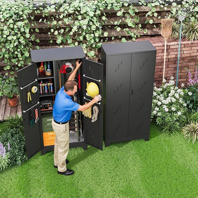 Garage Storage Cabinet 75" H,Tall Storage Shed with Lockable Doors and Stainless Steel Bottom, Black Tools Utility Chests for Office, Garage, Warehouses