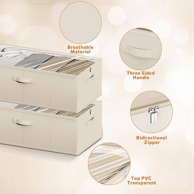 Chizjox 10inch 3 Pack Under Bed Storage Containers, 10 Inch Tall Underbed Clothes Storage Organizer Bin with Clear Window，Foldable Box Basket for Clothes, Closet, Bed Sheets and Blankets Beige
