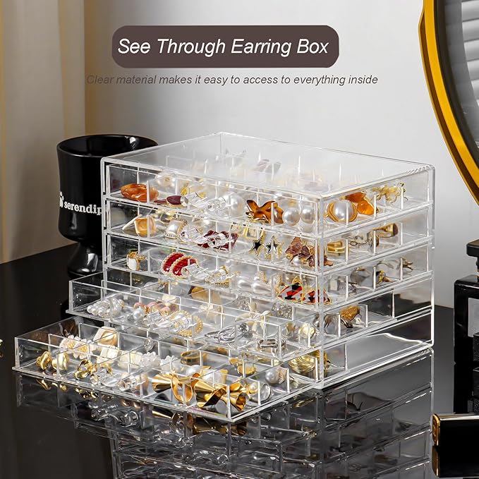 Earring Holder Organizer Acrylic Earring Storage Box for Girls Women Jewelry Organizer Display Case with 100 Small Compartment (Clear, 5 Drawers)