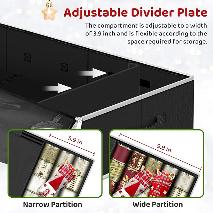 BlessedSeason Wrapping Paper Storage Organizer for 40 Inch Christmas Gifts Wrapping Paper, 2 Visible Supplies Pockets for Holiday Accessories, Christmas Decoration Storage Containers, Black