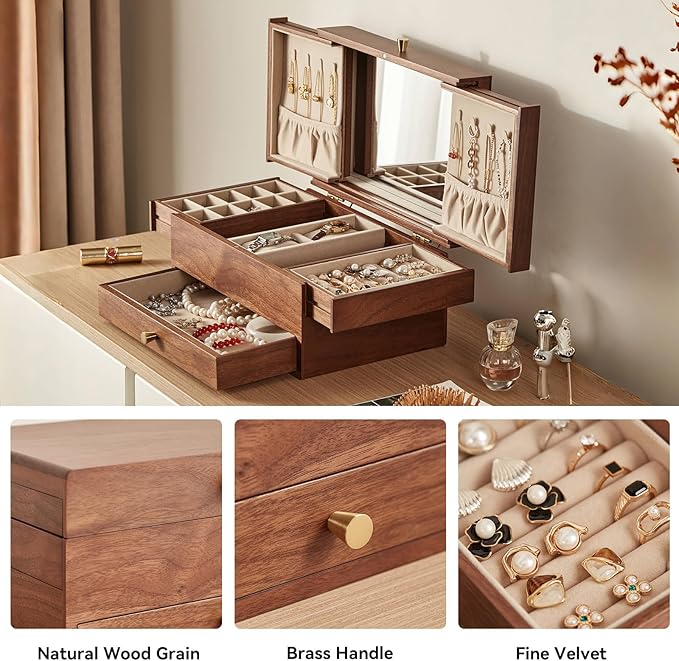 Wooden Jewelry Box for Women, 3 Level Multi-functional Drawers Black Walnut Jewelry Organizer Box, Watch, Necklace, Ring, Earring Storage Valentine's Day Gifts(With Mirror B)