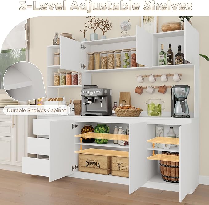 Large Kitchen Hutch Cabinet with Microwave Stand, Storage Cupboard Pantry with 3-Tier External Shelves and 3 Drawers, Ktichen Food Pantry with Open Countertop for Dining Room, White