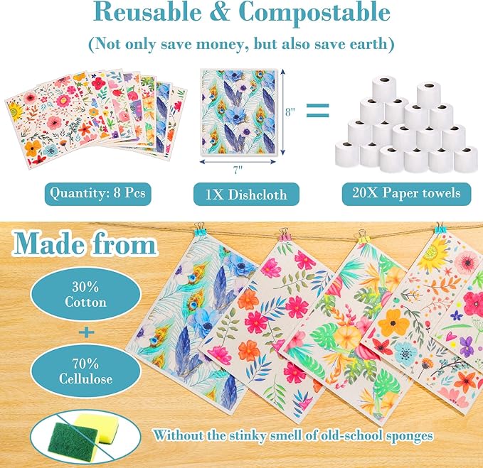 Lucomb Swedish Dishcloths for Kitchen Dishes, 8 Pack Reusable Cleaning Cloths Replace Paper Towels Swedish Towels Cleaning Rags Eco Friendly Biodegradable for Home Office Wipes