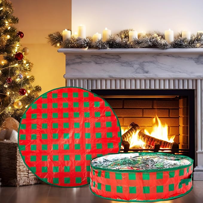 Aliceset 4 Pack Wreath Storage Containers, Christmas Ornament Garland Wreath Storage Bags with Handle Dual Zipper Large Decorative Storages Box for Winter Wreaths(36 x 36 x 7.8 Inch,Red Green Plaid)