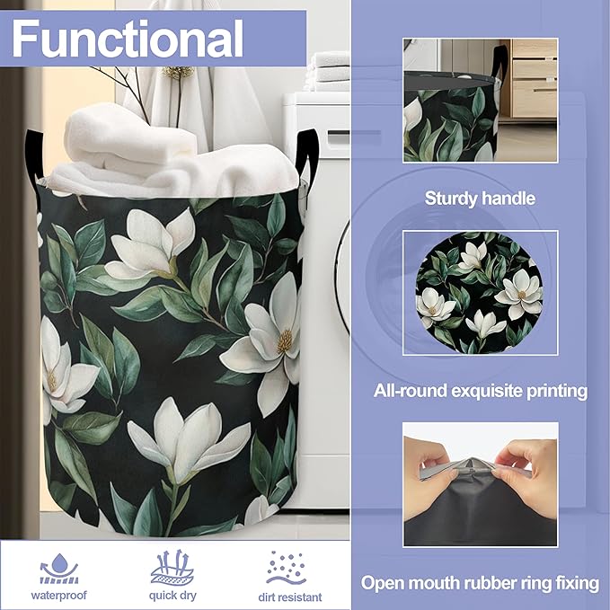 Vintage Magnolia Laundry Basket-Large Foldable Hamper Holder Portable Tall Collapsible Laundry Hamper Storage Basket Bin with Handles, Canvas & Waterproof lining for Household Items
