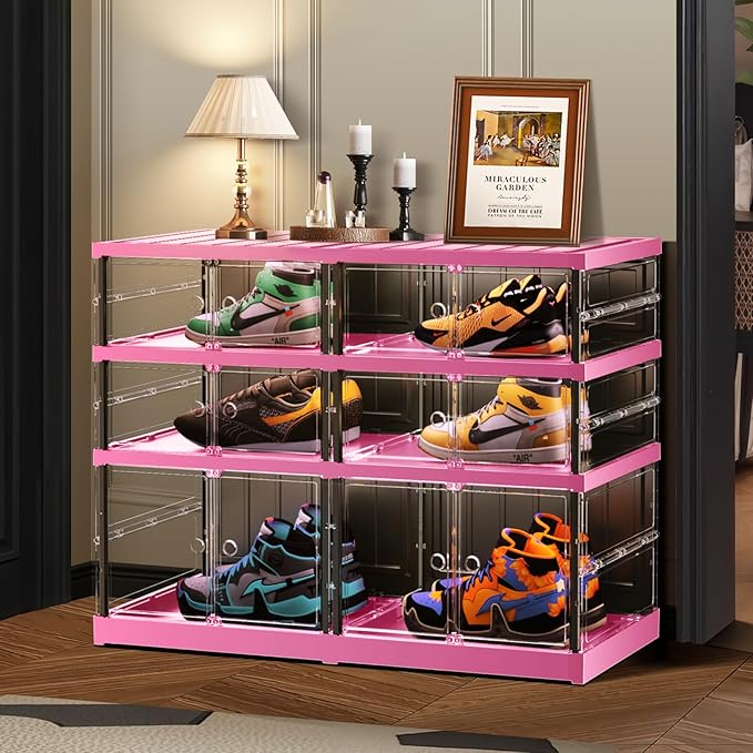 3-Tier Foldable Shoe Rack for Closet Entryway 6-12Pairs, Stackable Clear Shoe Storage Boxes Organizer with Door Plastic Small Shoe Cabinet Bins with Lids Shoes Shelf Easy Assembly（Black-Pink）