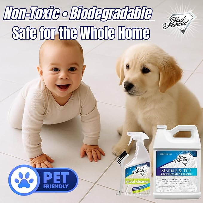 Black Diamond Stoneworks Marble & Tile Cleaner Gallon + Ultimate Grout Cleaner with Brush Quart (2-Pack) – Safe for Natural Stone, Deep Grout and Tile Cleaning to Restores Shine