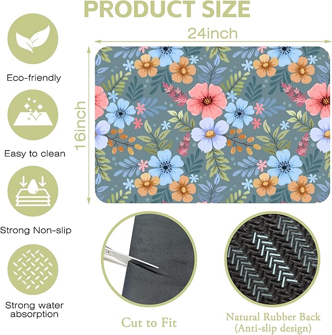 Dish Drying Mat Colorful Hand Draw Flowers Kitchen Mat 16"x24" Bsorbent Coffee Maker Mat for Dishes Utensils Coffee Maker Pots and Pans Easy Clean Dish Slip Resistant Pad