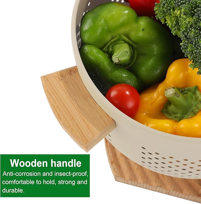 Metal Colander with Wood Handle, 5.5 Quart Powder Coated Steel Large Kitchen Strainer Stable Base,(Sand Yellow, 11.26inch)