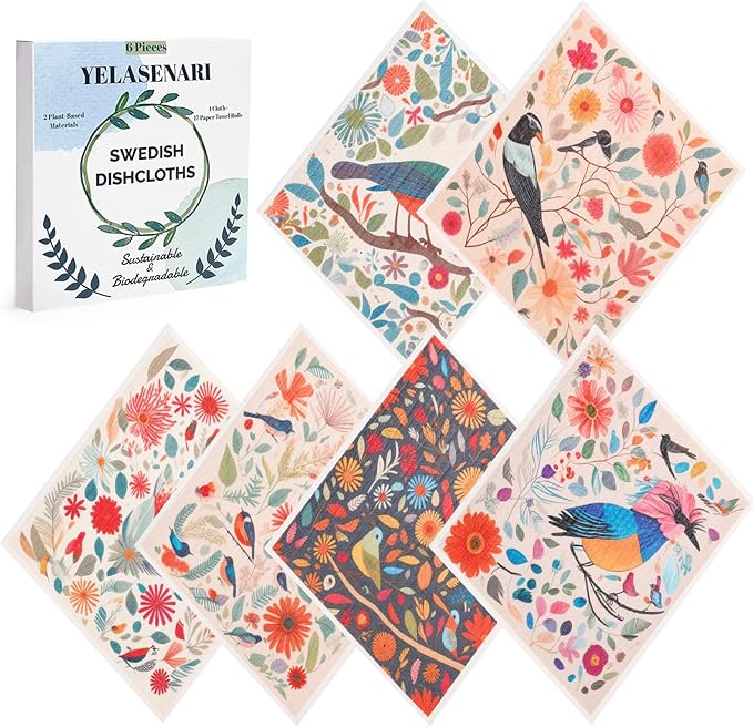 Yelasenari Swedish Dishcloths for Kitchen Reusable 6 Pack Kitchen Towels No Odor Quick-Drying Reusable Paper Towels Reusable Paper Towels Washable for Countertop Sink Kitchen Flower Bird