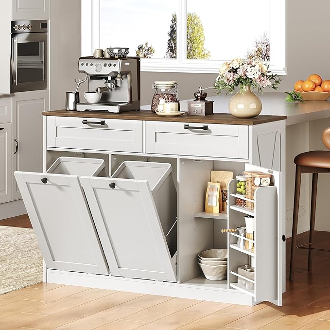 Double Tilt Out Laundry Hamper Cabinet, 43.3" Laundry Storage Cabinet with 2 Removable Baskets, Farmhouse Wooden Hidden Trash Bin Cabinet with Open Shelving, for Bathroom, White and Walnut