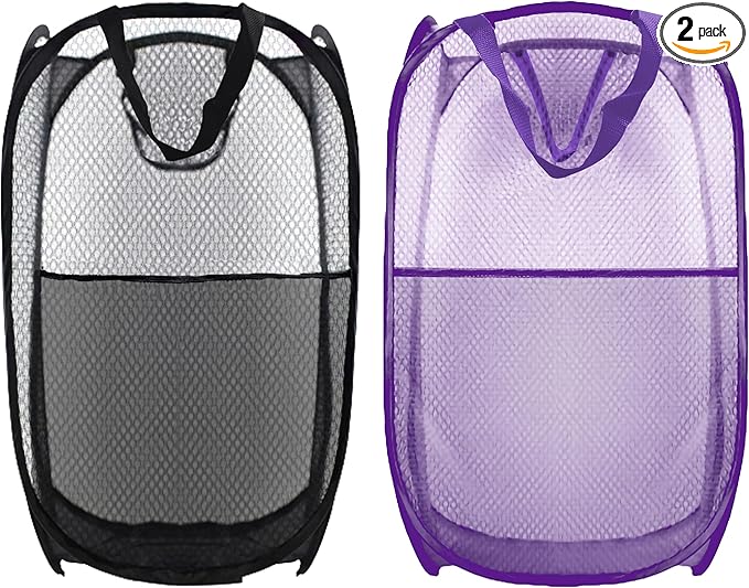 Buyongwant Collapsible Pop Up Laundry Hamper, Extra Large Mesh Foldable Laundry Basket Bag, 28" x 16" x 16", 2 Pack (Black + Purple)