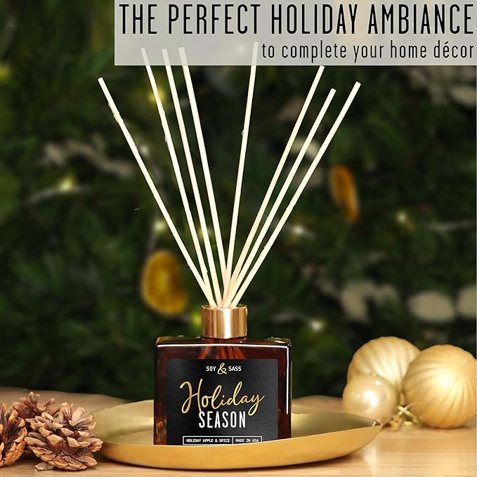 Holiday Diffuser, Holiday Reed Diffusers for Home Christmas Décor - w/Apple & Spice I Infused w/Essential Oils I 3.75 OZ Oil I Long-Lasting Scent Lasts 4-6 Month's I Made in The USA