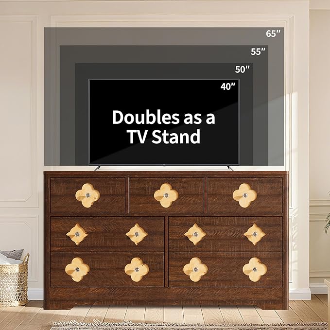 Garvee Dresser for Bedroom with 7 Decorative Front Drawers, 54'' Wide Chest of Drawers with Large Clothes Storage Cabinet, Wood Bedroom Dresser, TV Stand for Nursery, Living Room, Hallway, Brown