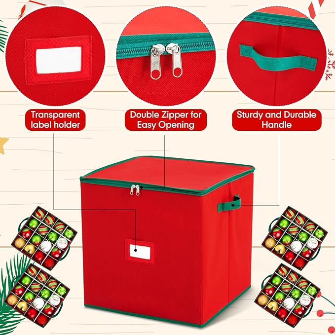 Pinkunn 64pcs 4in Christmas Ornament Storage Box with Dividers Tray Stores Holiday Ornament Adjustable Dividers Double Zipper Label Slot Two Handles Storage Container Box Keeps Xmas Decor(red)