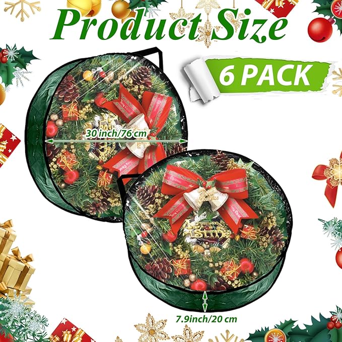 6 Pack Wreath Storage Container Bag 30 Inch Christmas Wreath Storage Bag Heavy Duty Christmas Wreath Boxes with Clear Window for Xmas Holiday Seasonal Wreath Garland(Green)