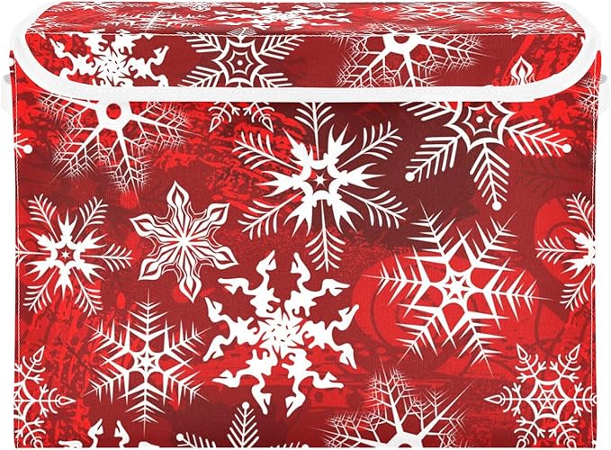 Christmas Baskets Collapsible Storage Bins with Lids, Christmas Red Pattern with Snowflakes Flower Storage Boxes Clothes Baskets for Organizing