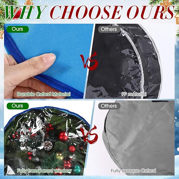 4 Pack Wreath Storage Container, 30 Inch Christmas Wreath Storage Box with Clear Window and Handles Upgrade Oxford Cloth Garland Bags with Dual Zipper for Xmas Wrapping, Blue