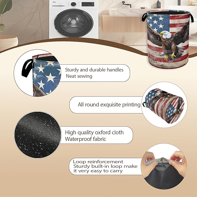 Bald Eagle Laundry Basket,American Flag Clothes Hamper,Oxford Cloth Collapsible Nursery Hamper Storage Organization for Bedroom,Bathroom,Office,College Dorms,16x20 Inch