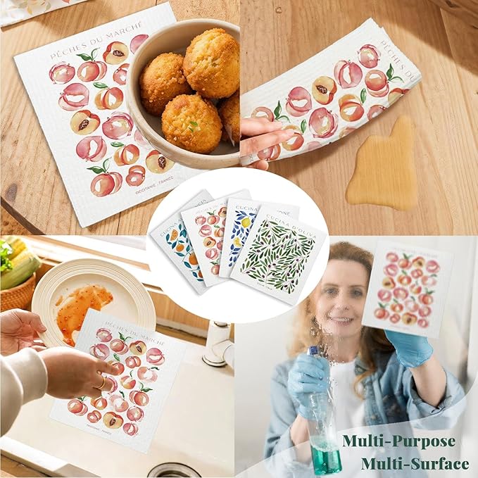 LARTSFRO Swedish Dishcloths for Kitchen, Papaya Reusable Paper Towels Washable, Cucina Doliva Oranges Peach Lemon Swedish DishCloths for Friut, 4 Pack Dish Towels for Kitchen