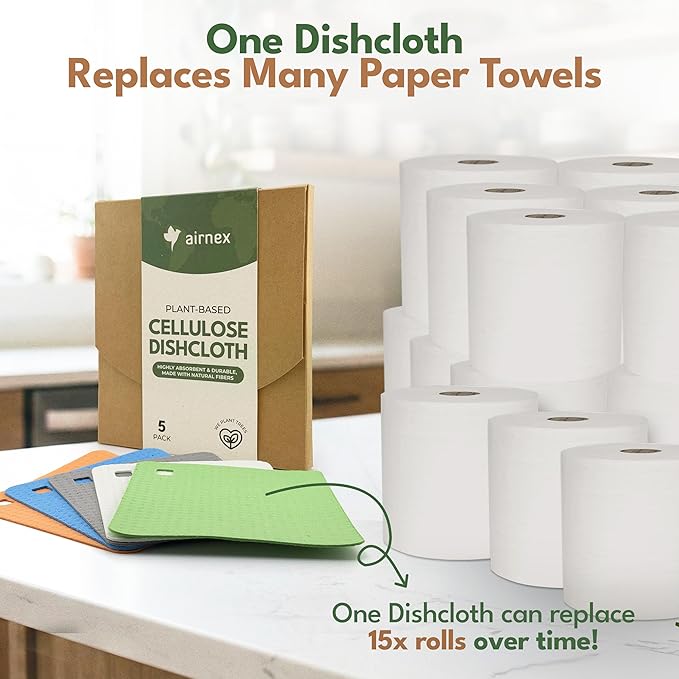 AIRNEX 5 Pack Cellulose Swedish Dishcloths for Kitchen - Eco-Concious Reusable Dish Towels & Cloths - Super Absorbent, Odor Resistant and Fast Drying Wash Cloths for Dishes & Surfaces