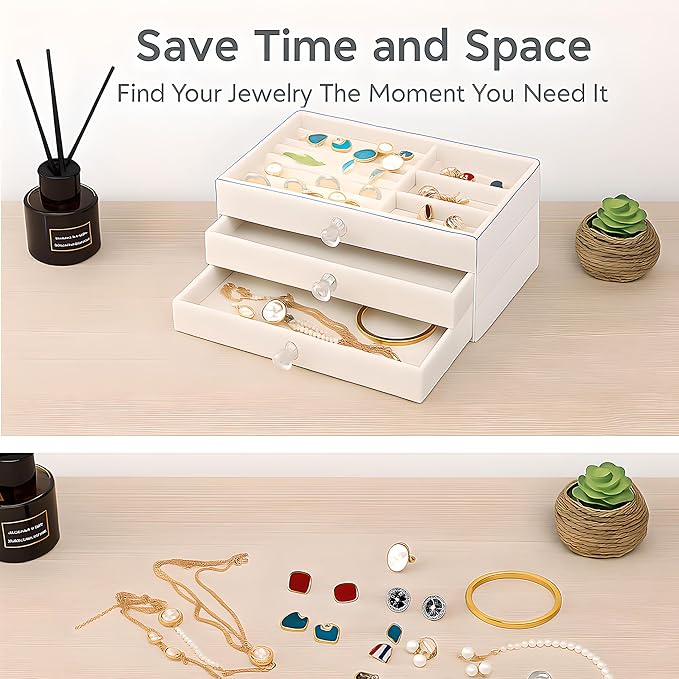 Earring Holder Organizer, Acrylic Jewelry Box with 3 Drawers, Earring Storage Box for Earrings, Rings, Necklaces, Bracelets, Jewelry Organizer and Storage for Women, Velvet Trays, IDEAL Gift